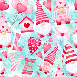 May include: A seamless pattern featuring gnomes, hearts, and the word "LOVE" in pink and red on a light blue background. The gnomes are wearing pink and red striped hats and have white beards. The hearts are various sizes and shapes, some with white polka dots.