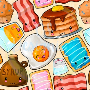 May include: A seamless pattern featuring cute cartoon breakfast foods, including bacon, pancakes, eggs, syrup, and toast. The foods have smiling faces and are drawn in a colorful, whimsical style.
