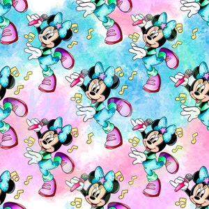 May include: A seamless pattern featuring a cartoon mouse singing with a microphone. The mouse is wearing a blue and green outfit with a pink bow and a star on her head. The background is a watercolour wash of pink and blue with yellow musical notes.