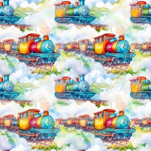Peut inclure: Une illustration aquarelle d'une locomotive colorée avec plusieurs wagons traversant un paysage fantaisiste avec des nuages et des collines. Le train est peint dans des tons de bleu, vert, jaune, rouge et orange.