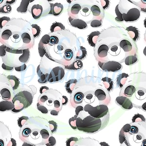 May include: A seamless pattern featuring adorable cartoon pandas with black and white fur. The pandas have big eyes, pink cheeks, and are shown in various poses, including sleeping, sitting, and winking. The background is white.