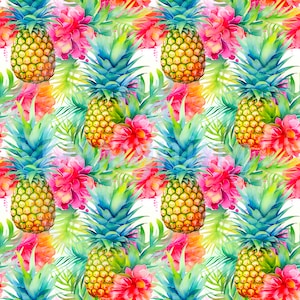 Op de afbeelding: Een aquarel schilderij van een tropisch patroon met ananas, roze bloemen en groene bladeren.