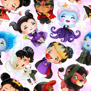 May include: A seamless pattern featuring various Disney villains in a cute, chibi style. The villains include Maleficent, Ursula, Cruella de Vil, the Evil Queen, Jafar, and Scar. The background is a light pink with a watercolour effect.