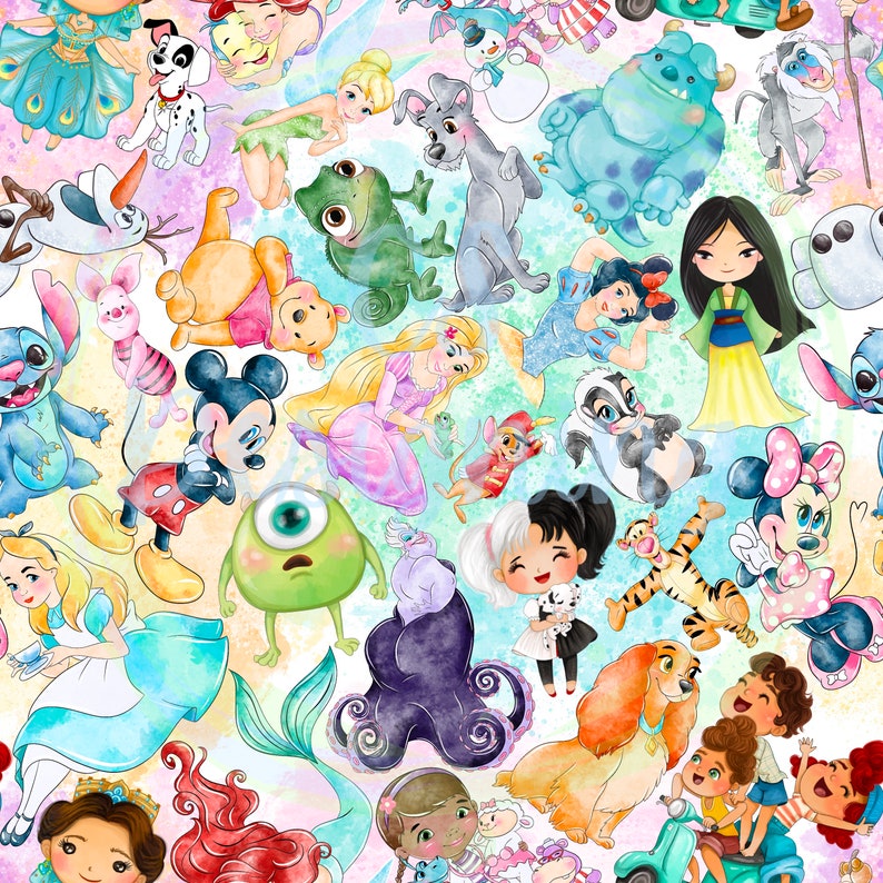 Op de afbeelding: Een kleurrijke digitale illustratie met verschillende Disney-figuren, waaronder Mickey Mouse, Minnie Mouse, Stitch, Winnie de Poeh, Sneeuwwitje, Assepoester, Rapunzel, Ariel en meer. De figuren zijn afgebeeld in een speelse stijl met aquarelachtige effecten.