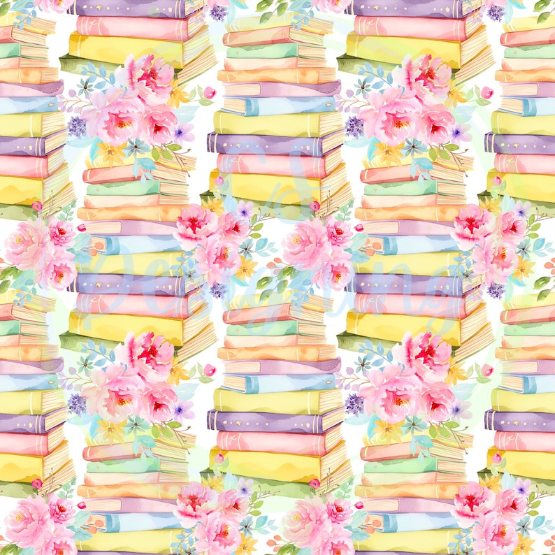 Pu&ograve; includere: Un motivo senza cuciture che presenta pile di libri colorati con fiori ad acquerello in tonalit&agrave; di rosa, giallo e verde. I libri sono disposti in un motivo ripetitivo su uno sfondo bianco.