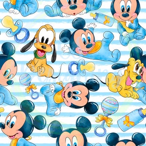May include: A seamless pattern featuring cartoon characters of Mickey Mouse, Pluto, and Goofy dressed in blue baby clothes. The background is a blue and white striped pattern. The characters are holding baby toys, such as rattles and pacifiers.