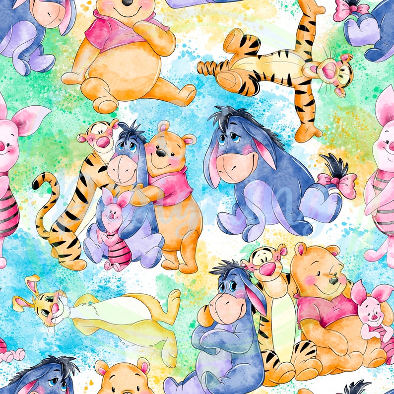 Puede incluir: Una ilustraci&oacute;n acuarela colorida con Winnie de Pooh, Tigger, Piglet y Eeyore. Los personajes se representan en varias poses, con un estilo caprichoso y juguet&oacute;n. El fondo es azul claro con salpicaduras de amarillo, verde y rosa.