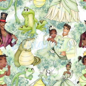 May include: A whimsical illustration featuring characters from the Disney movie The Princess and the Frog. The image includes Tiana, Naveen, Louis the alligator, Ray the firefly, and Mama Odie. The characters are depicted in a green and white colour scheme with a watercolour-like effect.