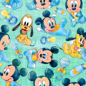 May include: A seamless pattern featuring cartoon characters Mickey Mouse and Pluto in baby outfits. The background is a light blue and green color with a textured look. The characters are surrounded by baby toys, including rattles and pacifiers.
