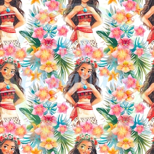 Op de afbeelding: Een naadloos patroon met een cartoonillustratie van een Polynesische prinses met lang bruin haar, die een rood-wit topje en een witte rok draagt. De prinses wordt omringd door tropische bloemen en bladeren in tinten roze, geel, orange en groen.
