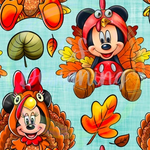 May include: A seamless pattern featuring Mickey and Minnie Mouse dressed as turkeys for Thanksgiving. The background is a light blue with a subtle texture. The pattern includes fall leaves in shades of orange, yellow, and brown.