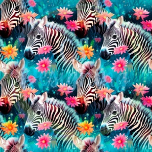 May include: A seamless pattern featuring black and white zebras with colourful flowers on a blue background. The zebras are facing forward and have a whimsical, cartoonish style.
