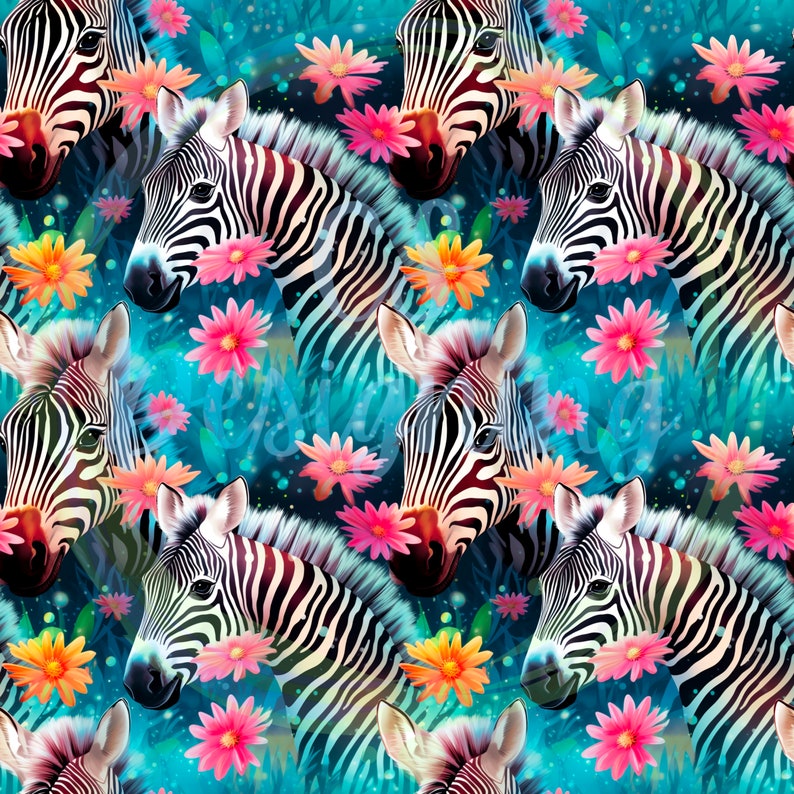 Pu&ograve; includere: Uno schema senza cuciture con zebre bianche e nere con fiori colorati su uno sfondo blu. Le zebre sono rivolte in avanti e hanno uno stile fantasioso e da cartone animato.