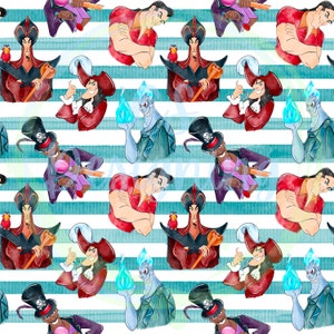 May include: A seamless pattern featuring various Disney villains, including Captain Hook, Jafar, and Hades. The villains are depicted in a watercolour style against a background of blue and white stripes.
