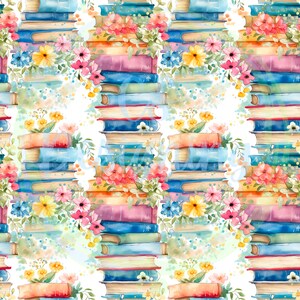 May include: A seamless pattern featuring stacks of colorful books with watercolor flowers and leaves. The books are arranged in a repeating pattern, with each stack of books surrounded by flowers and leaves. The background is a white watercolor wash.
