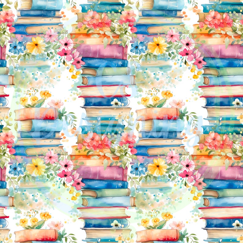 May include: A seamless pattern featuring stacks of colorful books with watercolor flowers and leaves. The books are arranged in a repeating pattern, with each stack of books surrounded by flowers and leaves. The background is a white watercolor wash.