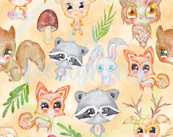 Woodland animals,Seamless Pattern,Digital Paper,Digital,Paper,Seamless,Background,Design,Watercolor,Clipart,Printable,Print,Pattern,