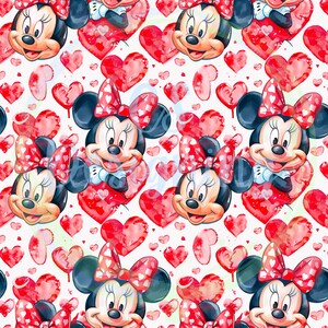 May include: A seamless pattern featuring a cartoon mouse with red polka dot bows and red hearts on a white background.