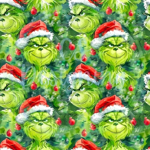 Puede incluir: Un patrón sin costuras con un personaje verde Grinch que lleva un gorro de Papá Noel rojo. El Grinch está rodeado de árboles verdes y adornos rojos. El patrón es perfecto para manualidades y proyectos navideños.