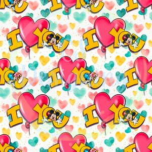 Puede incluir: Un patrón sin costuras con Mickey y Minnie Mouse en un entorno romántico. El fondo es blanco con corazones de acuarela dispersos en tonos de rosa, amarillo y azul. Mickey y Minnie sostienen un gran globo rojo en forma de corazón con las palabras "Te amo" escritas en amarillo.