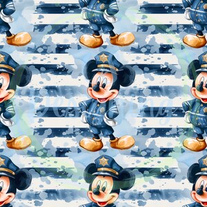 May include: A seamless pattern featuring a cartoon Mickey Mouse dressed as a police officer. The background is a watercolor design of blue and white stripes with white splatter paint.