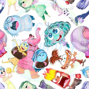 Puede incluir: Un patrón sin costuras colorido con personajes de la película animada Inside Out. Los personajes están representados en un estilo de acuarela e incluyen Alegría, Tristeza, Ira, Miedo y Asco. El patrón es perfecto para telas, papel tapiz u otros proyectos creativos.