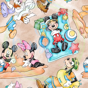 May include: A colorful illustration of Mickey Mouse, Minnie Mouse, Donald Duck, Goofy, and Pluto enjoying a day at the beach. Mickey is wearing sunglasses and relaxing on a beach towel, Minnie is building a sandcastle with Mickey, Donald is playing volleyball, Goofy is wearing a life preserver, and Pluto is digging in the sand.