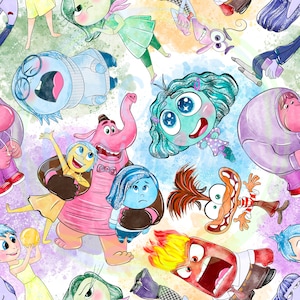 Puede incluir: Una ilustración digital colorida con personajes de la película Inside Out. Los personajes están representados en un estilo caprichoso con colores vibrantes y expresiones faciales expresivas. La ilustración incluye Alegría, Tristeza, Miedo, Ira y Asco, entre otros.