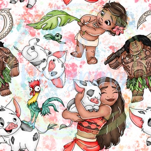 May include: A colorful digital illustration featuring characters from the animated movie Moana. The illustration includes Moana, Maui, Pua the pig, Hei Hei the rooster, and a baby Moana. The background is a white watercolor wash with splashes of pink, blue, and green.