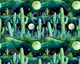 May include: A seamless pattern featuring green cacti against a dark blue background with white stars and yellow moons. The cacti are tall and slender with multiple arms. The moons are full and round, and the stars are small and scattered.