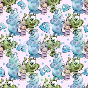 May include: A seamless pattern featuring cartoon characters from the movie Monsters Inc. The pattern includes Sully, Mike, Boo, and other characters in various poses. The background is a light pink with blue polka dots.