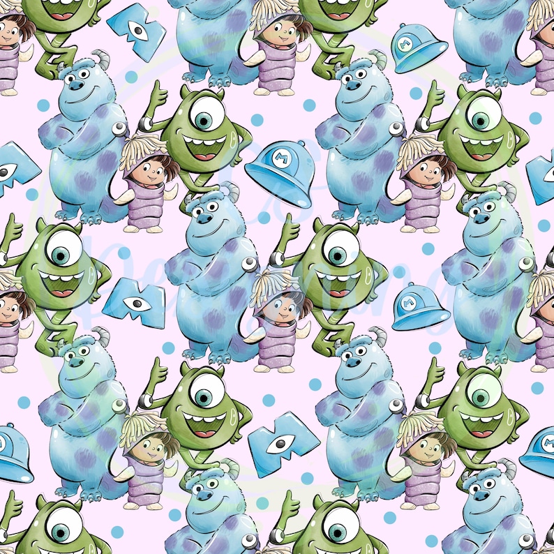 May include: A seamless pattern featuring cartoon characters from the movie Monsters Inc. The pattern includes Sully, Mike, Boo, and other characters in various poses. The background is a light pink with blue polka dots.