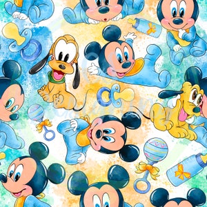 May include: A seamless pattern featuring cartoon baby Mickey Mouse and Pluto in blue and yellow watercolor illustrations. The pattern includes baby toys like rattles and pacifiers.