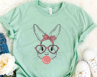 Bunny with Glasses Tee, Bubble Gum Rabbit Shirt