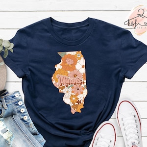 Chemise Illinois, chemise à fleurs Illinois, chemise Illinois State, chemise de voyage Illinois, chemise État de l'Illinois, chemise Illinois map silhouette,