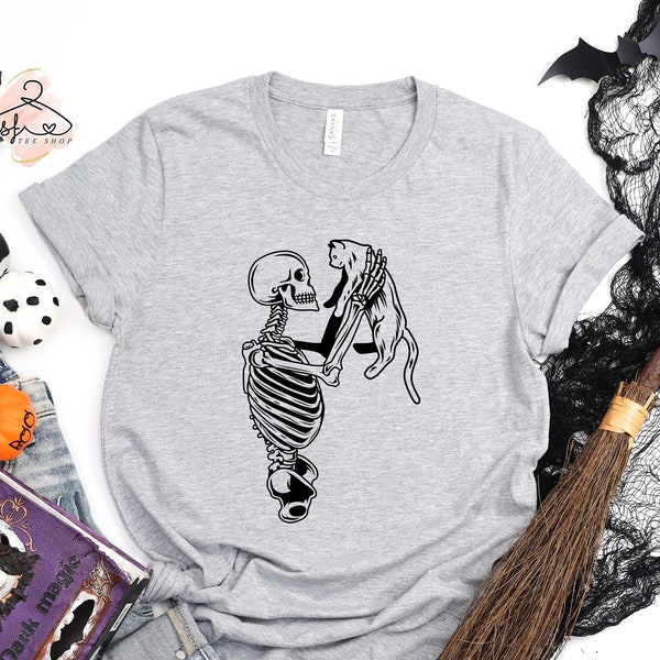 Skeleton and Cat Shirt, Cat Lover Skeleton Shirt, Spooky Season Shirt, Black Cat Shirt, Halloween Shirt, Halloween Gift, Halloween Cat Shirt