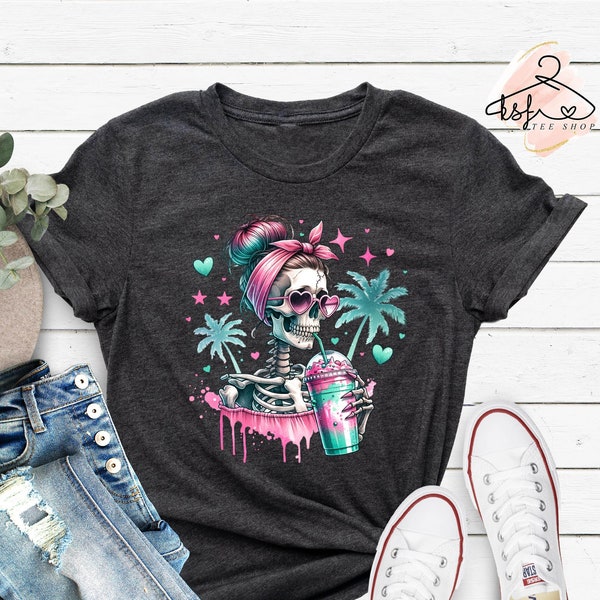 Skeleton T-shirt, Messy Bun Skull Tee, Skull Shirt for Women, Iced Coffee Shirt, Heart Sunglasses Shirt, Coffee Lover Gift, Gift For Mom