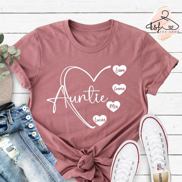 Custom Auntie Shirt, Aunt Shirt, Aunt Heart Shirt, Shirt with Nephew Niece Names, New Aunt T-shirt, Mother's Day Gift, Cute Gift for Aunt