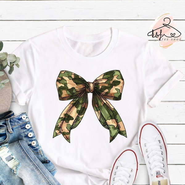 Camouflage Bow Shirt, Camouflage Coquette Shirt, Coquette Aesthetic Tee, Camouflage Print Shirt, Camo Bow T-shirt, Brown Green Bow Tee