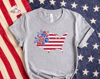 Floral American Flag T-Shirt: Patriotic USA 4th of July Shirt