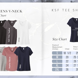 May include: A size chart for women's V-neck t-shirts. The chart shows the chest and body length measurements in inches for sizes S, M, L, XL, and 2XL. The chart also shows the different colors available for the t-shirts: black, dark grey heather, white, athletic heather, heather mauve, and navy.