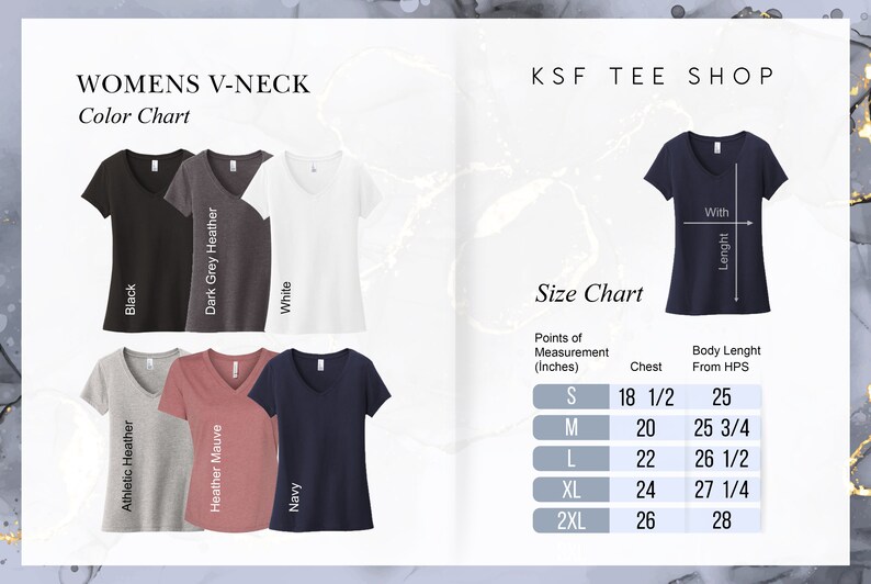 May include: A size chart for women's V-neck t-shirts. The chart shows the chest and body length measurements in inches for sizes S, M, L, XL, and 2XL. The chart also shows the different colours available for the t-shirts: black, dark grey heather, white, athletic heather, heather mauve, and navy.
