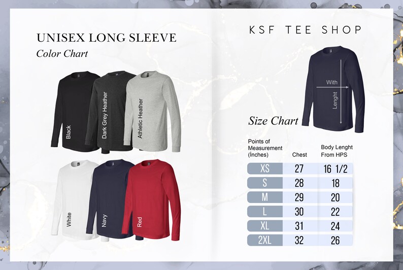 May include: Unisex long-sleeve t-shirt colour chart with six different colours: black, dark grey heather, athletic heather, white, navy, and red. Size chart with measurements in inches for chest and body length from hips.
