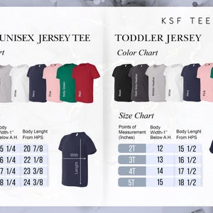May include: A product image showcasing a color chart and size chart for youth unisex and toddler jersey tees. The color chart displays various tee colors. The size chart provides measurements in inches for body width and length.