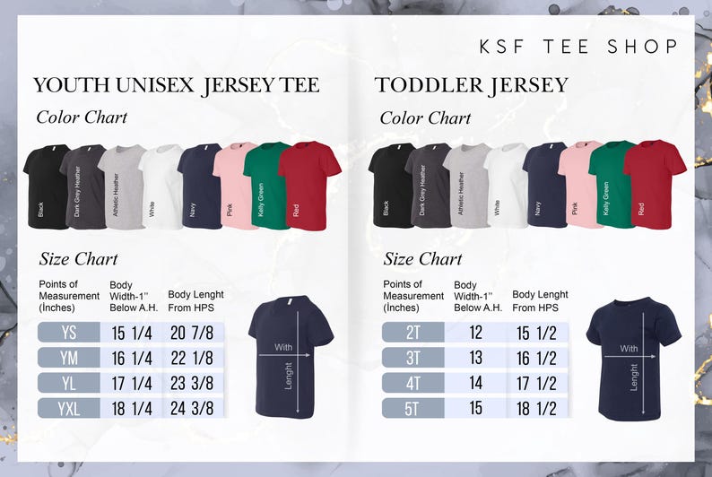 May include: A product image showcasing a color chart and size chart for youth unisex and toddler jersey tees. The color chart displays various tee colors. The size chart provides measurements in inches for body width and length.