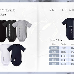 May include: A size chart for baby onesies with measurements in inches. The chart shows the width and length of onesies in sizes 0-3 months, 6 months, 12 months, 18 months, and 24 months. The onesies are available in black, white, dark grey heather, navy, and athletic heather.