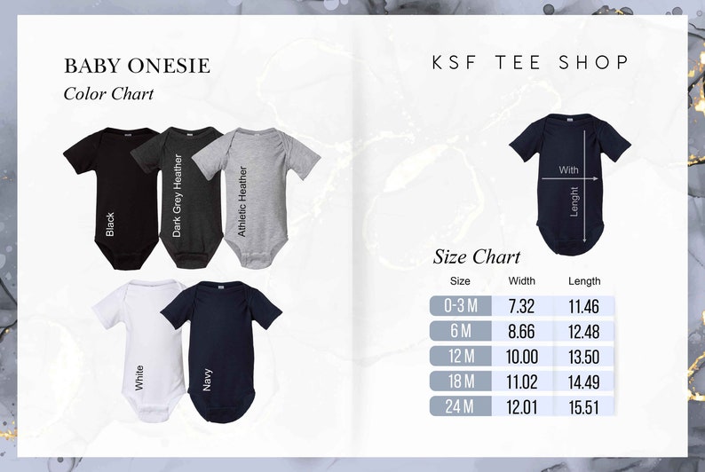 May include: A size chart for baby onesies with measurements in inches. The chart shows the width and length of onesies in sizes 0-3 months, 6 months, 12 months, 18 months, and 24 months. The onesies are available in black, white, dark grey heather, navy, and athletic heather.