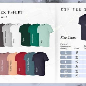 May include: Unisex t-shirt color chart with 14 different colors, including black, white, red, navy, mint, and forest green. The size chart shows chest and body length measurements in inches for sizes S through 3XL.
