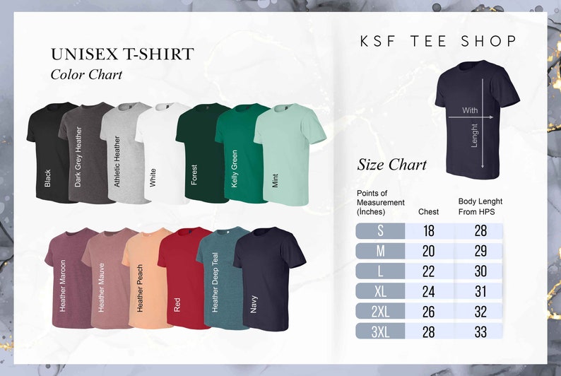 May include: Unisex t-shirt color chart with 14 different colors, including black, white, red, navy, mint, and forest green. The size chart shows chest and body length measurements in inches for sizes S through 3XL.