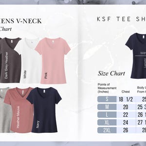 May include: Color chart for women's V-neck t-shirts. Colors include black, dark grey heather, white, pink, athletic heather, heather mauve, and navy. Size chart shows chest and body length measurements in inches for sizes S to 2XL.